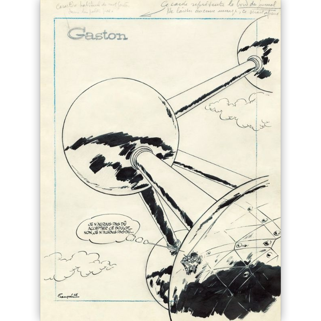 Estampe pigmentaire Gaston sur l'Atomium par Franquin
