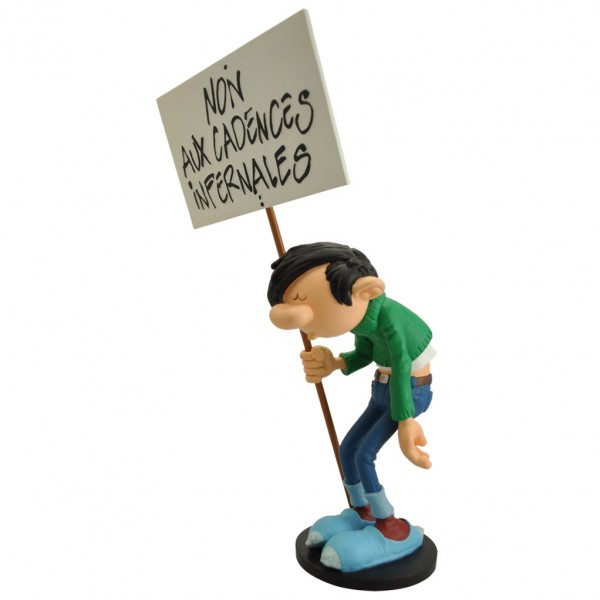 Figurine - Gaston holding his ''Cadences Infernales'' placard