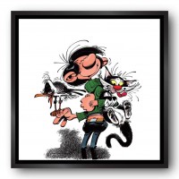 Tableau Gaston Lagaffe - Gaston et ses animaux - 60 x 60 cm - Caisse américaine noire