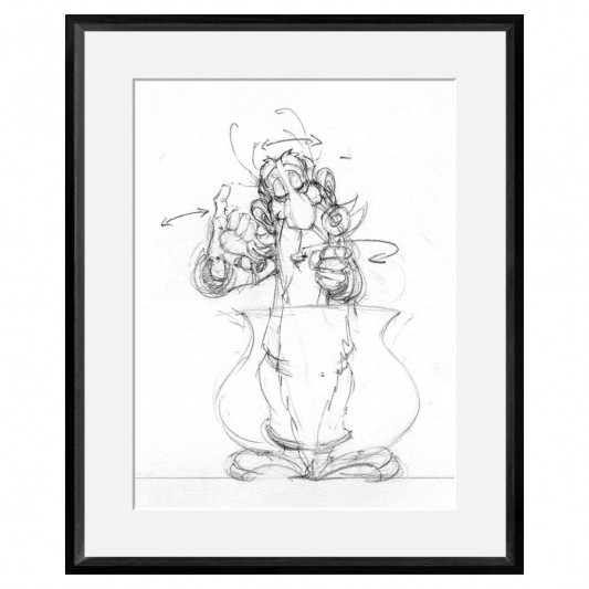 Digigraphie Astérix et Obélix, crayonné au noir - Panoramix - 40 X 50 cm - Cadre noir - principal