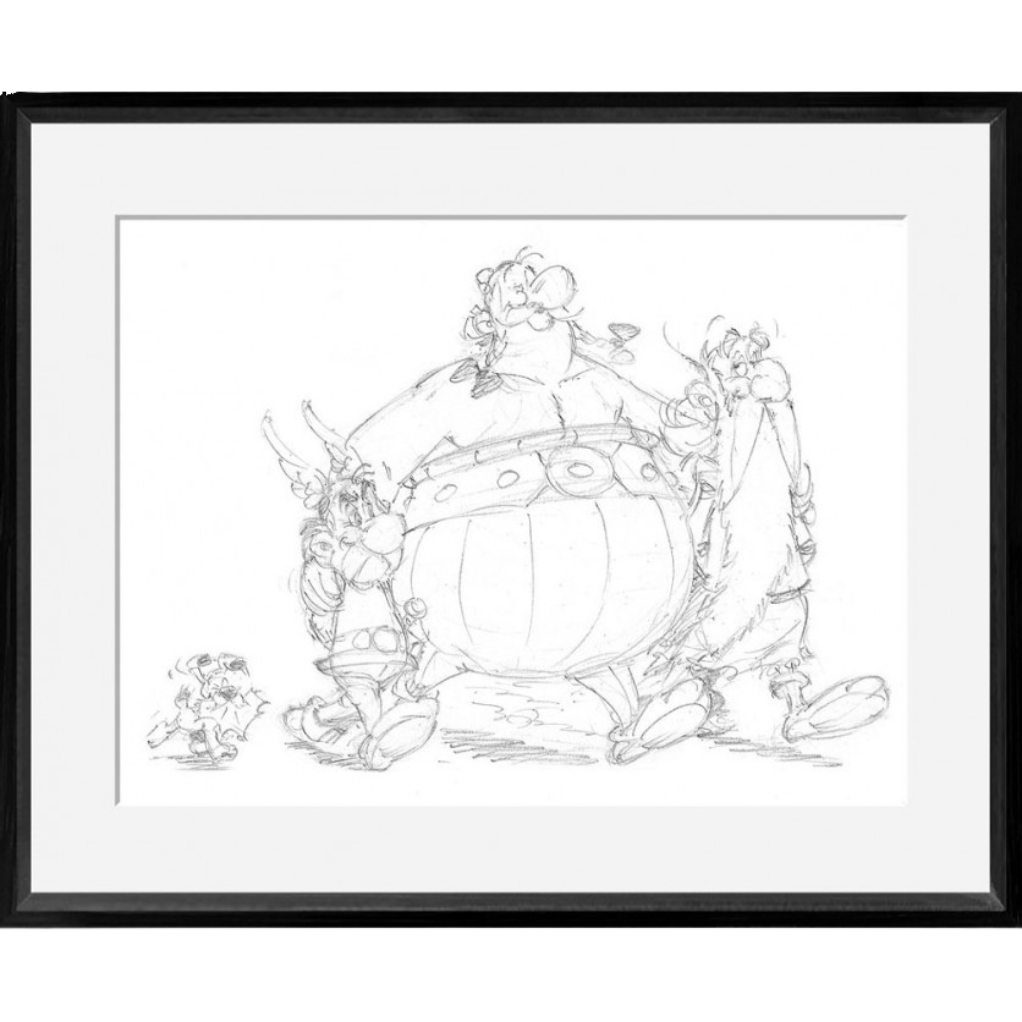 Digigraphie Astérix et Obélix, crayonné au noir - Amitié - 40 X 50 cm - Cadre noir - principal
