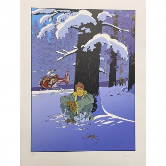 Sérigraphie Largo Winch - Assis dans la neige - Hélicoptère rouge - principal