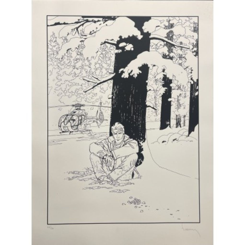 Sérigraphie Largo Winch - Assis dans la neige - Version N&B - principal