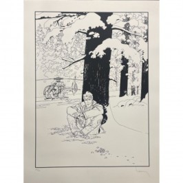 Sérigraphie Largo Winch - Assis dans la neige - Version N&B