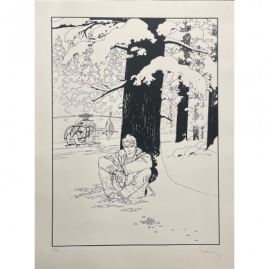 Sérigraphie Largo Winch - Assis dans la neige - Version N&B - principal