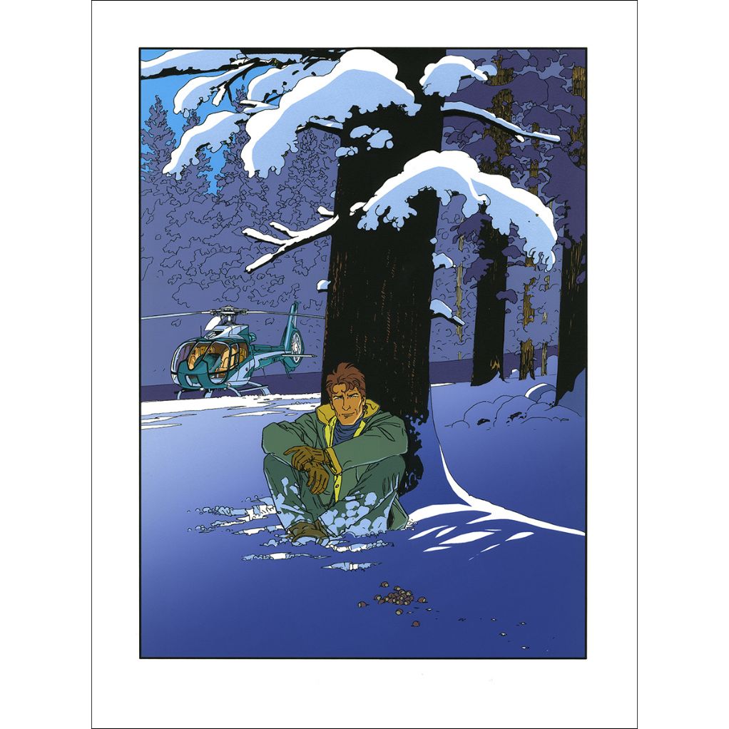 Sérigraphie Largo Winch - Assis dans la neige - Hélicoptère vert - principal