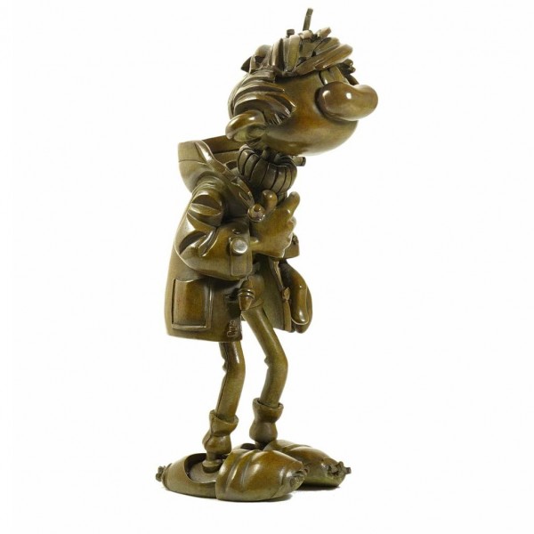 Bronze Gaston Lagaffe figurine with it's Duffele-coat, Collectorbd's exclusivity