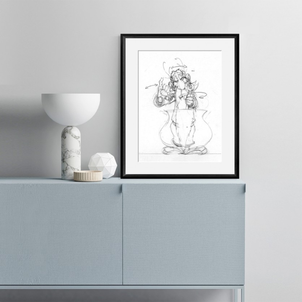 Digigraphie Astérix et Obélix, crayonné au noir - Panoramix - 40 X 50 cm - Cadre noir - secondaire-1